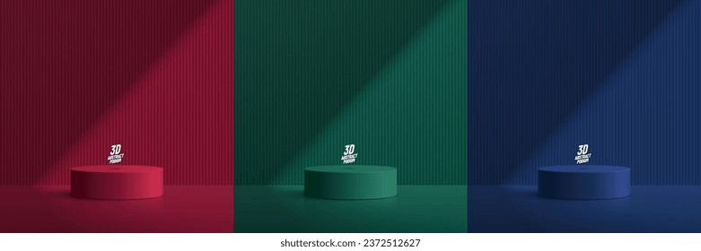 Set of green, yellow, red room background with realistic 3d cylinder pedestal podium and natural lighting. Abstract minimal scene for mockup products display, Stage showcase. Vector geometric forms.