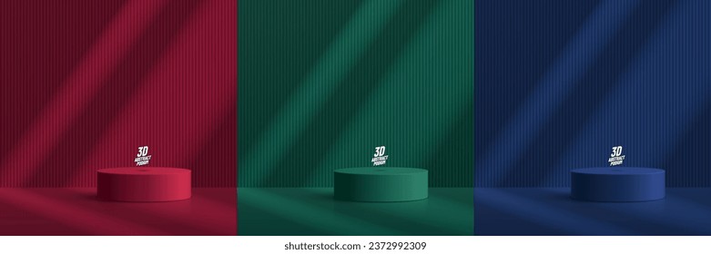 Set of green, yellow, red room background with realistic 3d cylinder pedestal podium and window lighting. Abstract minimal scene for mockup products display, Stage showcase. Vector geometric forms.