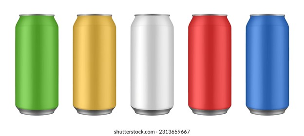 Set of green, yellow, white, red and blue tin cans of beer, energy drink, juice or soda. Cold beverage