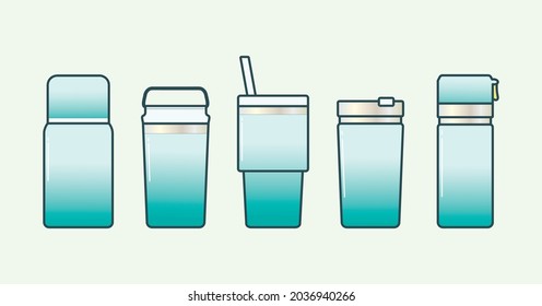 Set of green zero-waste water Bottle and tumbler in illustration vector flat design