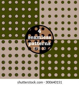 Set of green-beige dotted seamless patterns, with and without strokes