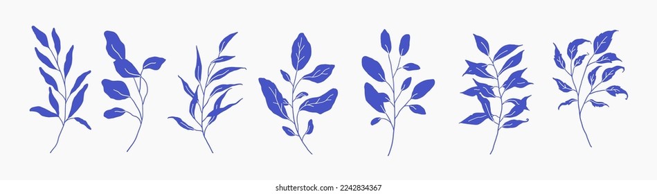 Set of greenery silhouette floral branch, leaf, plants. Botanic delicate blue foliage leaves. Hand drawn vector illustration