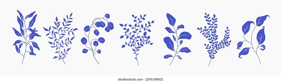 Conjunto de silueta verde ramificación floral, hoja, plantas. Hojas de follaje azules fraguadas delicadas. Ilustración vectorial dibujada por mano