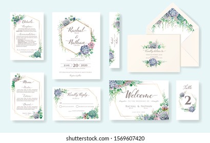 Set of greenery wedding invitation card, invite, RSVP, Details, Thank you, Table number, Menu, envelope address template. Succulent and leaves. Vector svg