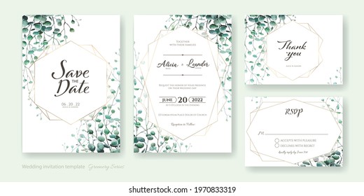 Set of greenery wedding Invitation card, save the date, thank you, rsvp template. Watercolor styles.