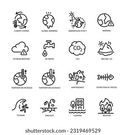 Gefolge des Treibhauseffekts, Symbole des Klimawandels, Auswirkungen der globalen Erwärmung, Erdbeben, Überschwemmungen, extreme Temperaturen, Eisschmelzen. Vektorgrafik