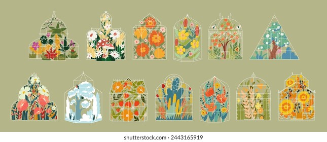 A set of greenhouse with flowers, tree and leafs. Vintage floral glasshouses garden.  svg
