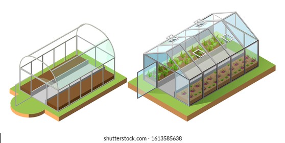 Set greenhouse for growing vegetables. Isometric icon 3d illustration. Isolated on white vector