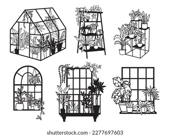 Set of greenhouse home. Collection of growing succulents and house plants for home interior. Flower decoration on window. Vector illustration of garden flowers.