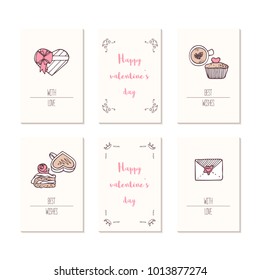 Set of greening cards with hand drawn valentines day elements. Background with place for text. Vector illustartion