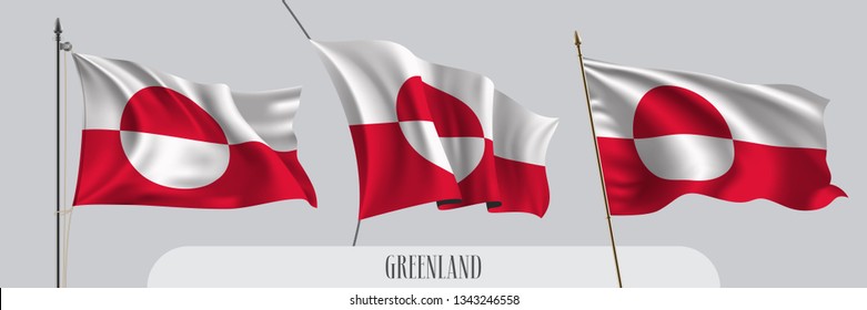 Set of Greenland waving flag on isolated background vector illustration. 3 red white Icelandic wavy realistic flag as a patriotic symbol 