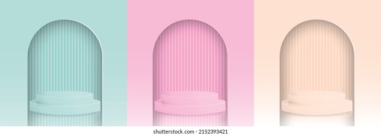 Set of green,pink, blue realistic 3d stand podium in arch window. Vector abstract studio room with geometric platform. Minimal wall scene for products showcase, Promotion display.