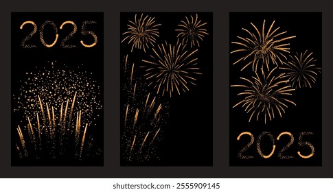 Set of greeting backgrounds with beautiful fireworks with shining sparks. Vector illustration