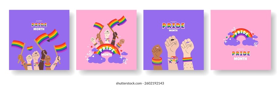 Set of greeting banner, card, poster, cover set with LGBTQ symbol. Vector design template for Pride Month celebration.
