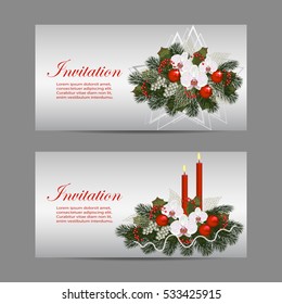 Set of greeting banners with christmas decorations, flowers and burning candles.