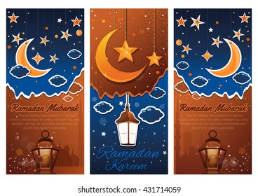 Set greeting banners for the holy month of Ramadan. Ramadan Kareem. Ramadan Mubarak. Greeting card with a moon, stars, mosque and arabic lamp. Vector illustration