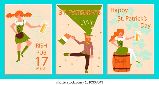 Set of greeting banners of Saint Patricks Day. Cute cartoon leprechauns holding mugs of beer dancing. Flat Art Vector illustration