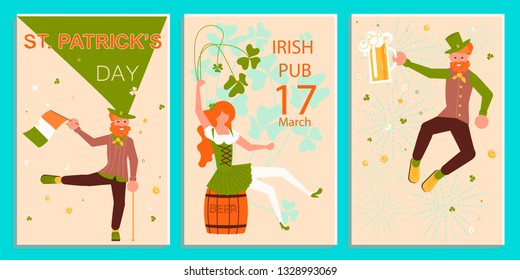 Set of greeting banners of Saint Patricks Day. Cute cartoon leprechauns holding mugs of beer dancing. Flat Art Vector illustration
