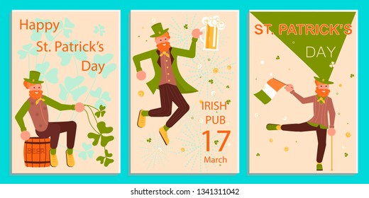 Set of greeting banners of Saint Patricks Day. Cute cartoon leprechauns holding mugs of beer dancing. Flat Art Vector illustration