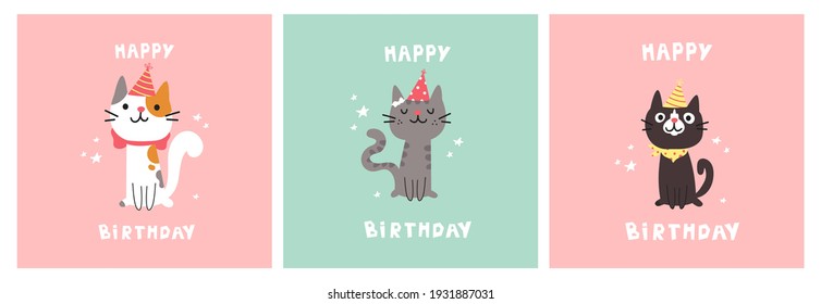 Set of greeting birthday cards. Cat in festive cap. Happy Birthday lettering. Lovely kitty. Hand drawn pet. Invitation.Vector flat cartoon illustration.