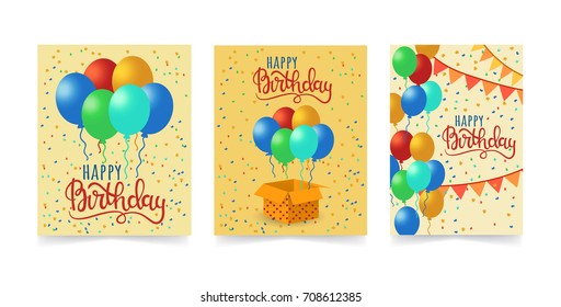 Set of greeting birthday cards. Vector cards with balloons, gift box, confetti