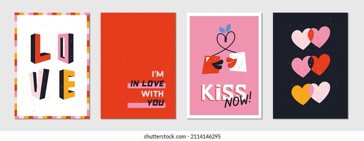 Set of greeting card about love.Trendy cover template vector illustration.Happy Valentine’s Day typography poster design.Holiday romantic postcard in retro style with textured background