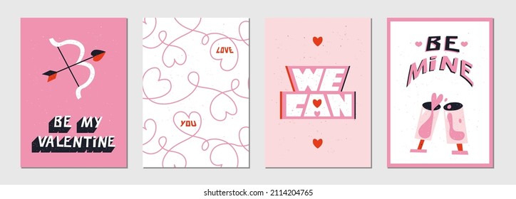 Set of greeting card about love.Trendy cover template vector illustration.Happy Valentine’s Day typography poster design.Holiday romantic postcard in retro style i pink textured background