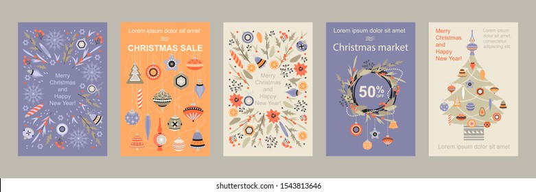 Set of greeting card and advertising banners for Christmas and New Year in the form of a frame from floral elements and Christmas decorations. Retro style illustration.