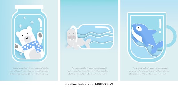 set of greeting card . Animal in north pole , white bear,walrus in bottle  and whale in cup for Christmas greeting card , New year card , Birthday card. Winter concept. paper cut and craft style. 