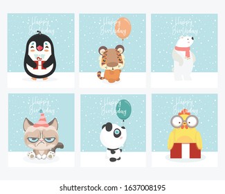 Set of Greeting card with animals vector illustration.
