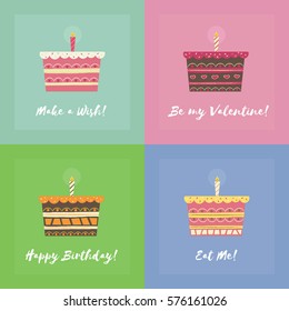 Set of greeting card with birthday cake and quotes. Hand drawn sweet layered cake with a candlestick vector. Chocolate, strawberry, fruit cake with frosting cartoon backgrounds.