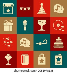 Set Greeting card, Cake, Vinyl disk, Party hat, Microphone, Gift box, Calendar party and Cocktail icon. Vector