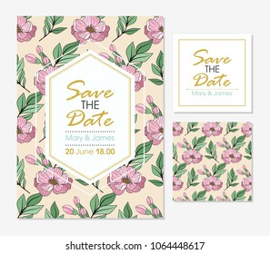 Set of greeting card and cards, vector wedding invitation design with flowers, buds and leaves. floral background with floral elements for text, background. Template. Frame.
