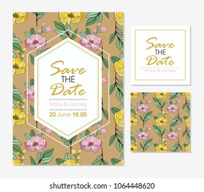 Set of greeting card and cards, vector wedding invitation design with flowers, buds and leaves. floral background with floral elements for text, background. Template. Frame.