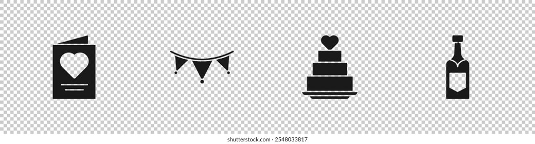 Set Greeting card, Carnival garland with flags, Wedding cake heart and Champagne bottle icon. Vector