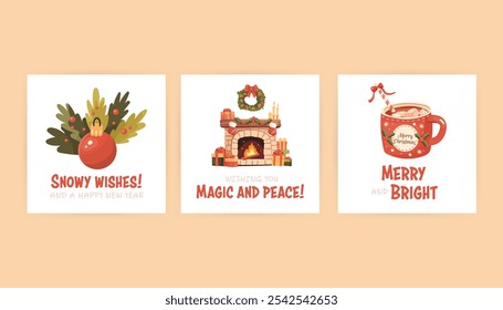 Set of greeting card in cartoon style, Christmas and New Year. Cozy vector