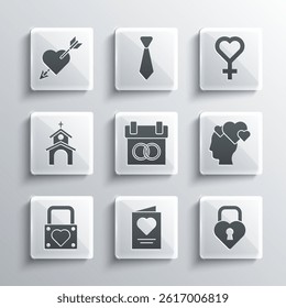 Set Greeting card, Castle the shape of heart, Head with, Calendar, Lock and, Church building, Amour arrow and Female gender symbol icon. Vector