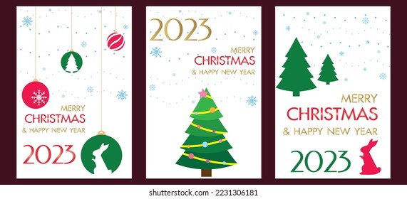 Set of greeting card for celebrate 2023 new year, calendar and symbol of Christmas balls with shape of rabbit, snow flex and Christmas tree. 