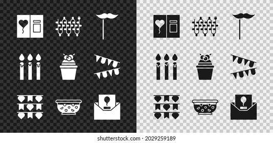 Set Greeting Card, Christmas Lights, Paper Mustache On Stick, Carnival Garland With Flags, Mixed Punch Bowl, Invitation, Birthday Cake Candles And Cake Icon. Vector
