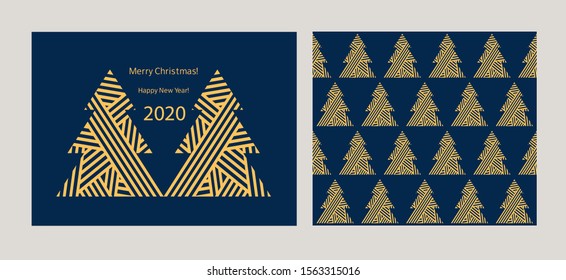 Set of greeting card and Christmas seamless pattern with abstract gold trees. Happy New Year 2020. Dark blue background for gift wraps, textiles, wallpapers and scrapbook. Vector.