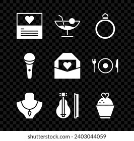Set Greeting card, Cocktail, Diamond engagement ring, Necklace mannequin, Violin, Wedding cake with heart, Microphone and Envelope Valentine icon. Vector