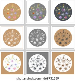 Set of greeting card with composition of different types hand-drawn outline beautiful delicate flowers in round frame
