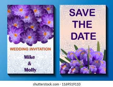Set greeting card. Congratulation or invitation. Save the date. Decorated with multicolored doodles of flowers, Patterns and mandala