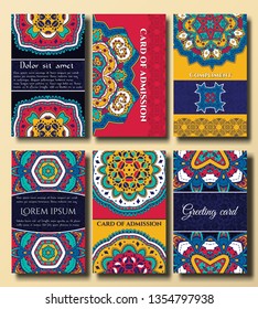 Set greeting card. Congratulation or invitation. Decorated with multicolored Patterns  mandala
