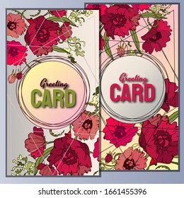 Set a greeting card. Congratulation or invitation. . Decorated with colorful poppies, leaves, buds and branches