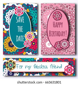 Set greeting card. Congratulation or invitation. Decorated with multicolored doodles of flowers, Patterns and mandala