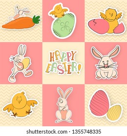 Set of greeting card with cute cartoon characters including bunny, chicken, hen and egg for Easter Celebration poster or flyer design.