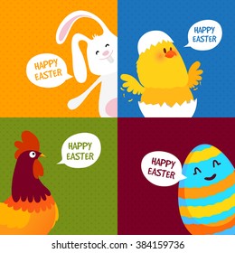 Set of greeting card with cute cartoon characters including Bunny, Chicken, Hen and Egg for Happy Easter celebration.