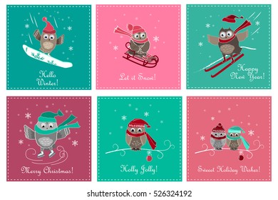 Set of greeting card with cute owls. Christmas and New Year cards with owls and winter sports. Vector illustration