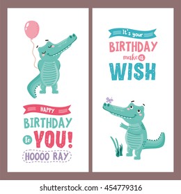 Set of greeting card design with cute crocodile character. Happy birthday to you -typography with ribbons and funny letters. For baby birthday, party, invitation.